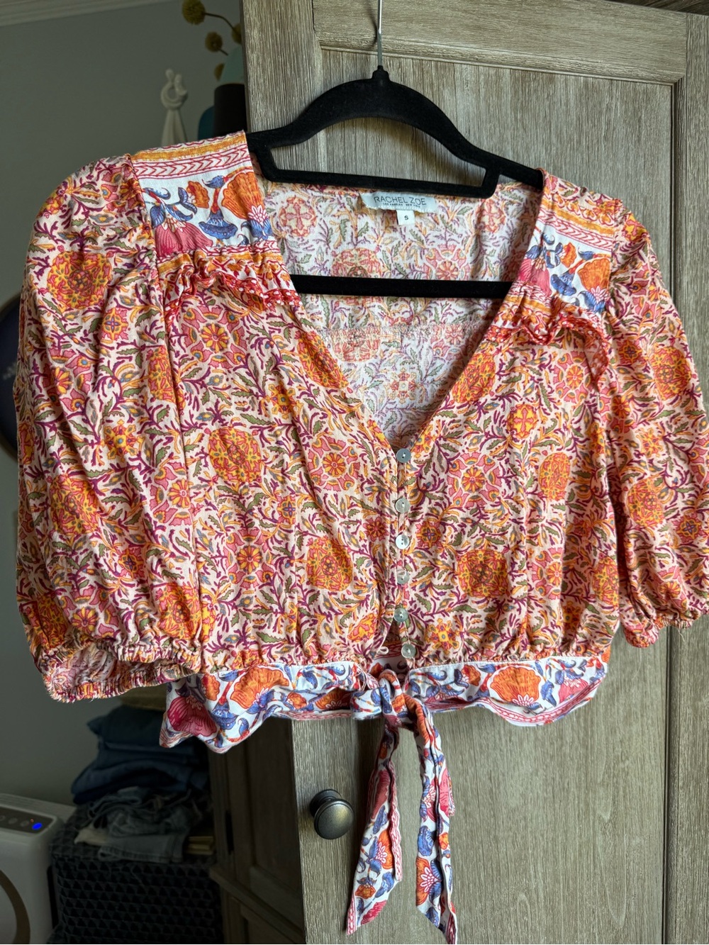 Rachel Zoe Pink & Orange Floral Tie-Front Crop Top